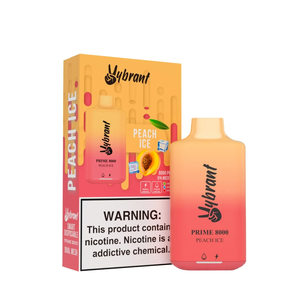 Peach Ice Prime 8000 Puffs by VyBrant offers a refreshing peach ice vape experience in a sleek design.