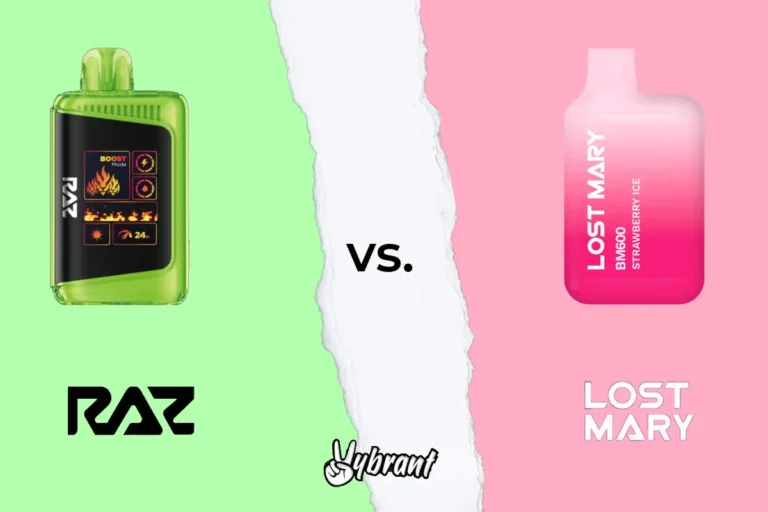 Lime green disposable vape with black display screen on left side, pink gradient disposable vape with white text on right ...