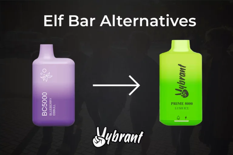 Purple and lime green disposable vape devices labeled BC5000 and Vybrant Prime 8000 with comparison arrow on dark background.