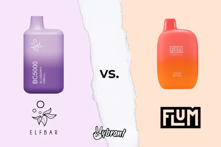 Purple gradient disposable vape labeled BC5000 Blueberry Ebelli next to red-to-orange gradient disposable vape labeled Fum...