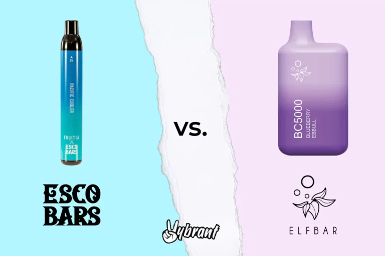 Blue gradient disposable vape labeled Esco Bars on left versus purple gradient disposable vape labeled BC5000 Blueberry on...