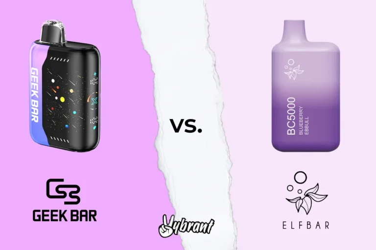 Black rectangular vape device with colorful cosmic design on pink background next to purple gradient vape device on split ...