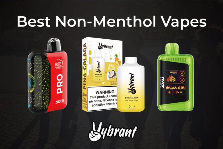 Four disposable vape devices and packaging displayed against dark background, including red and black device, white produc...