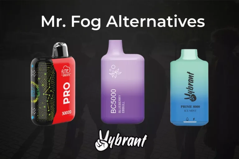 Three disposable vape devices in red, purple, and mint gradient colorways against a dark background.